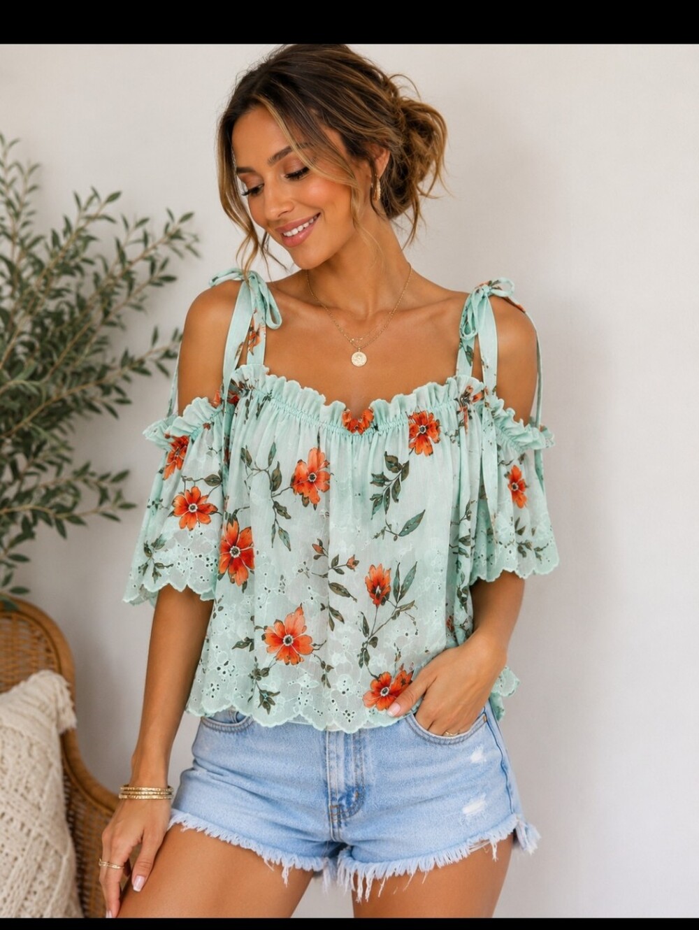 Dance & Marvel Mint Floral Eyelet Off Shoulder Tie Ruffle Top L Boho Cottagecore